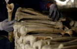 Un ouvrier construit un mur avec des ossements humains lors des travaux de restauration des Catacombes de Paris, le 24 mars 2026