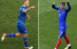 Montage de deux photos montrant le défenseur islandais Ragnar Sigurdsson (g) et l'attaquant français Antoine Griezmann (d)