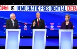 Bernie Sanders (G), Joe Biden et Elizabeth Warren (D) lors d'un débat pour l'élection américaine de 2020, à Westerville dans l'Ohio, le 15 octobre 2019