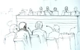Croquis d'audience du 13 février 2018 de l'intérieur de la cour d'assises du tribunal de Stockholm où est jugé l'auteur présumé de l'attaque au camion bélier qui a fait cinq morts dans la capitale suédoise en avril 2017. L'accusé est un demandeur d'asile ouzbek qui a plaidé coupable d'acte de terrorisme