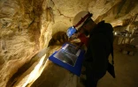 Des employés regardent des photos de la grotte Cosquer sur le site de la réplique à la villa Méditerranée, le 23 novembre 2021
