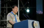 Le président sud-coréen Yoon Suk Yeol lors de la cérémonie d'ouverture du 25e Jamboree Scout Mondial à Saemangeum au sud-ouest de Séoul le 2 août 2023