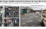 Comparaison de deux images prises les 19 mars et 2 avril montrant des corps de personnes en vĂŞtements civils dans une rue de Boutcha