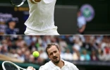 Photomontage de l'Espagnol Carlos Alcaraz (en haut) et le Russe Daniil Medvedev, opposés en demi-finales de Wimbledon le 12 juillet 2024