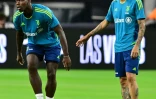 Paul Pogba (g) et Angel Di Maria (d), deux des recrues de la Juventus Turin à l'intersaison, lors d'un entraînement à Las Vegas le 21 juillet 2022