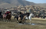 Des cavaliers sur leur monture pratiquent le bouzkachi, joute sauvage autour d'un veau décapité, dans la banlieue de Kaboul, le 1er décembre 2017