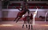 Des cavaliers de l'école d'art équestre de Lisbonne se produisent avec un pur-sang lusitanien lors d'un spectacle de dressage à Lisbonne, le 15 janvier 2024 au Portugal