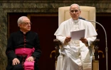 Photo prise et distribuée le 16 mai 2025 par les médias du Vatican montrant le pape Léon XIV lors d'une audience avec le corps diplomatique au Vatican