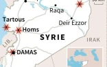 Carte de localisation d'une série d'attaques à la bombe dans plusieurs villes de Syrie, essentiellement contrôlées par le régime 