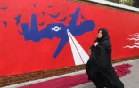 Une Iranienne passe devant une fresque murale sur l'enceinte de l'ancienne ambassade américaine à Téhéran, le 2 novembre 2019