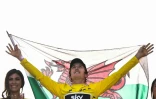 Le Gallois Geraint Thomas, vainqueur du Tour de France 2018, sur le podium final aux Champs-Elysées à Paris, le 29 juillet