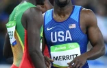 L'Américain Lashawn Merritt (d) et le Grenadin Kirani James à l'arrivée de leur demi-finale du 400 m aux JO de Rio, le 13 août 2016