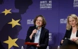 La tête de liste Ecologistes aux européennes Marie Toussaint, à gauche, et celle de Reconquête!, Marion Maréchal, à droite, lors d'un débat devant le Medef, à Paris, le 18 avril 2024