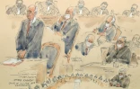 Croquis d'audience du 19 janvier 2021 montrant l'ancien Premier ministre Edouard Balladur et son ancien ministre de la Défense  François Léotard devant la Cour de justice de la République à Paris 