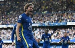 La joie du défenseur espagnol de Chelsea, Marcos Alonso, après avoir ouvert le score contre Crystal Palace, lors de la 1ère journée de la Premier League, le 14 août 2021 au stade de Stamford Bridge à Londres