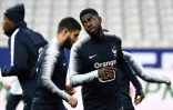 Le défenseur central Samuel Umtiti (d) à l'entraînement le 24 mars 2019 à Saint-Denis
