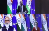 Le Premier ministre indien Narendra Modi (g) en visioconférence avec le président du Conseil européen Charles Michel et la présidente de la Commission européenne Ursula von der Leyen (d), le 15 juillet 2020 à Bruxelles