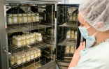 Une technicienne place des bouteilles de lait pasteurisé dans le congélateur de la banque de lait maternel de la maternité du CHU de Nancy, le 10 juin 2026 en Meurthe-et-Moselle