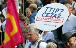 Des personnes manifestent à Hambourg en Allemagne contre projet controversé de traité de libre-échange transatlantique (TTIP), le 17 septembre 2016