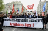 Manifestation à Marseille contre la politique du président Emmanuel Macron, le 14 avril 2018, en présence notamment du député des Bouches-du-Rhône Jean-Luc Mélenchon (La France insoumise) et de l'ancien candidat à la présidentielle Philippe Poutou (NPA)