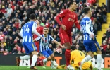 Le milieu de terrain belge de Brighton Leandro Trossard (c) égalise (2-2) face à Liverpool, lors de la 10e journée de Premier League, le 30 octobre 2021 au Stade d'Anfield Road