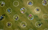 Des cercles ont été peints sur l'herbe dans plusieurs parcs de San Francisco pour encourager la distanciation sociale, le 22 mai 2020 