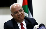 Saeb Erekat, secrétaire de l'OLP lors d'une conférence de presse à Ramallah, le 10 avril 2019