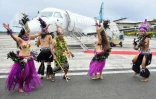 Cérémonie de lancement à l'aéroport de Rarotonga, dans les îles Cook, le 13 août 2022, du premier vol d'Air Rarotonga vers Tahiti, après presque deux ans d'arrêt lié au Covid