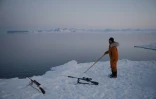 Le chasseur inuit Martin Madsen attire les phoques avec une perche en bois près d'Ittoqqortoormiit le 25 avril 2024