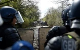 Des gendarmes face à une barricade dressée par des manifestants dans la ZAD de Notre-Dame-des-Landes, le 14 avril 2018