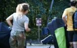 Des visiteurs devant un panneau "Tous feux interdits" au premier jour de la rĂ©ouverture au public de la forĂȘt de Fontainebleau partiellement dĂ©vastĂ©e par les flammes en juillet, le 22 aoĂ»t 2026 prĂšs de Arbonne-la-forĂȘt, en Seine-et-Marne