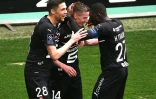 Le milieu de terrain rennais Benjamin Bourigeaud (c), auteur de deux des trois buts de la victoire, 3-2 face à Reims, lors de la 31e journée de Ligue 1, le 9 avril 2022 au Stade Auguste-Delaune