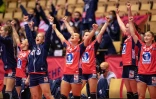 La joie des Norvégiennes après leur qualification pour la finale de l'Euro de handball, le 18 décembre 2020 à Herning