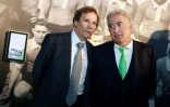 Les co-présidents de Saint-Etienne Roland Romeyer (g) et Bernard Caiazzo, lors de la cérémonie d'ouverture du premier musée dédié à un club de football, le 20 décembre 2013
