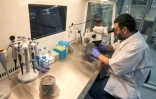 Le docteur Nisar Wani, directeur scientifique du Centre de reproduction biotechnologique, examine des échantillons a microscope, le 4 juin 2021 à Dubaï