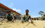 Des réfugiés rohingyas préparent des barrières en bambous avant l'arrivée de la mousson, le 9 mai 2018 dans le camp de Kutupalong, au Bangladesh