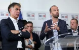 Le premier secrétaire du PS Olivier Faure (gauche) avec le député insoumis Manuel Bompard (au micro), le 21 septembre 2022 à l'Assemblée, à Paris
