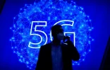 Le logo 5G au salon mondial du mobile, le 28 février 2022 à Barcelone