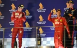 Le podium du GP de Singapour (de g. à d.): le Monégasque Charles Leclerc (g, 2e), l'Allemand Sebastian Vettel (c, vainqueur), et le Néerlandais Max Verstappen (d, 3e), le 22 septembre 2019