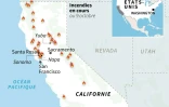 Localisation des princiapux incendies en Californie qui ont fait une dizaine de morts depuis lundi