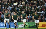 L'ailier des Springboks sud-africains JP Pietersen (d) fête avec ses camarades son 2e essai contre les Samoa à Birmingham, le 26 septembre 2015