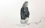Croquis d'audience de Yusuf Cinar présenté par l'accusation comme un membre de
la "jihadosphère" qui gravitait autour d'Abdoullakh Anzorov, l'assassin de
Samuel Paty, sur les réseaux sociaux, à la cour d'assises spéciale de Paris, le
8 novembre 2024