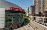 Vue aérienne du Staples Center, la salle omnisports de Los Angeles où évoluent les équipes de basket des Clippers et des Lakers, ainsi que la franchise de hockey sur glace des Kings, le 9 mai 2020
