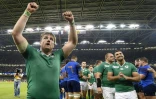 La joie de Jamie Heaslip (g) après la victoire de l'Irlande sur la France en Coupe du monde le 11 octobre 2015 au Millenium Stadium de Cardiff