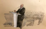 Croquis d'audience représentant le ministre de la Justice Eric Dupond-Moretti lors de son procès devant la Cour de justice de la République (CJR), le 6 novembre 2023 à Paris