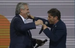Le président argentin Alberto Fernandez et le gouverneur de Buenos Aires Axel Kicillof après le discours de Fernandez devant son parti le 14 novembre 2021