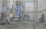 Croquis d’audience réalisé le 12 septembre 2022 à Bruxelles montrant Salah Abdeslam, l’un des neuf accusés du procès des attentats jihadistes de 2016 à Bruxelles