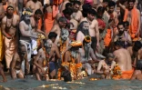 Des sadhous, célèbres ermites hindous, se baignent dans les eaux du Gange à Haridwar (Inde) le 11 mars 2021