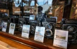 Des appareils photos d'occasion exposés chez Popeye Camera, un magasin spécialisé dans la photographie argentique, le 9 juillet 2024 à Tokyo