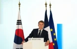 Le président Emmanuel lors de son allocution à l'ouverture du "Sommet Lumière" sur l'avenir du cinéma à Saint-Paul-de-Vence, dans les Alpes-Maritimes, le 7 septembre 2026